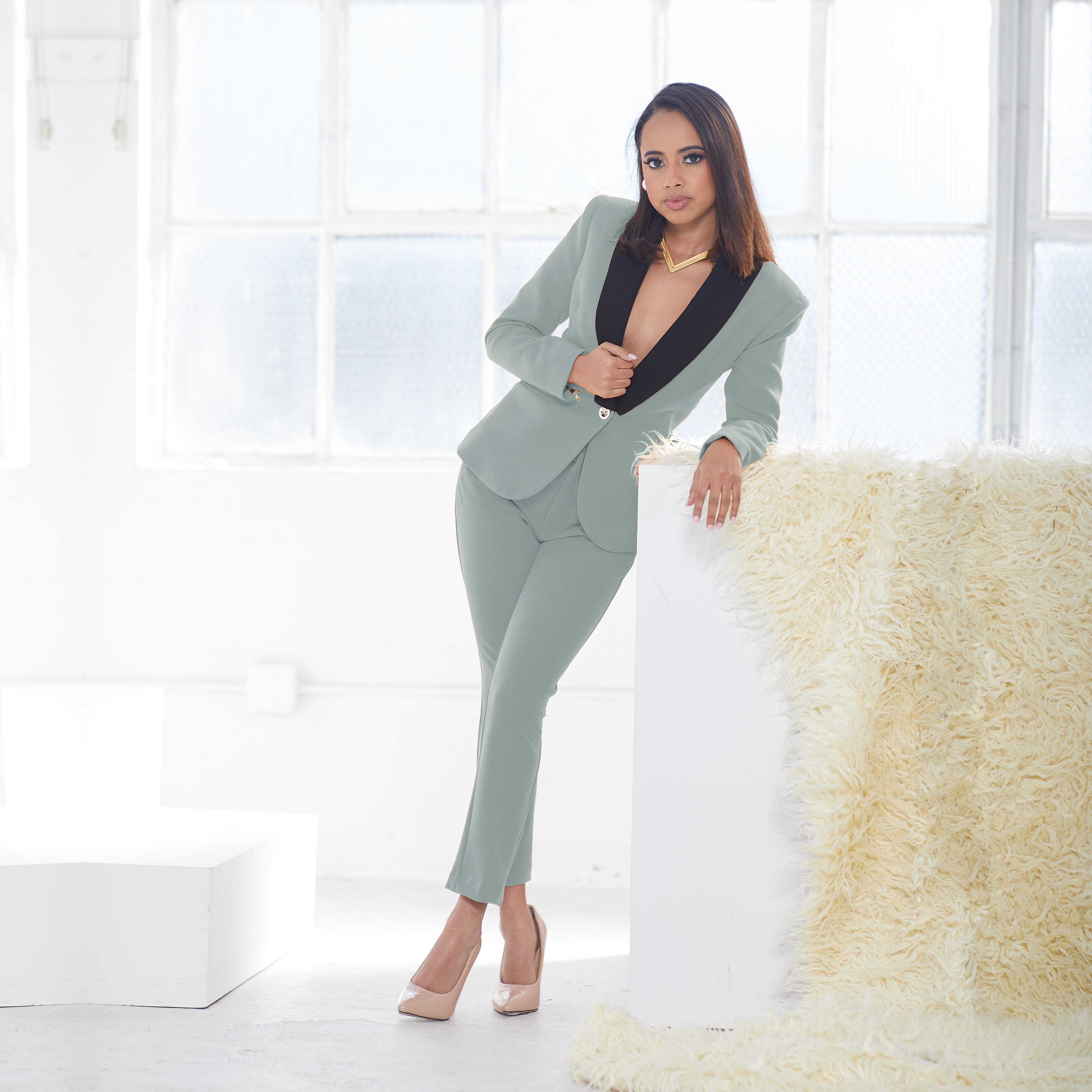 Seafoam green/gray women’s suit set — Rebellious crepe