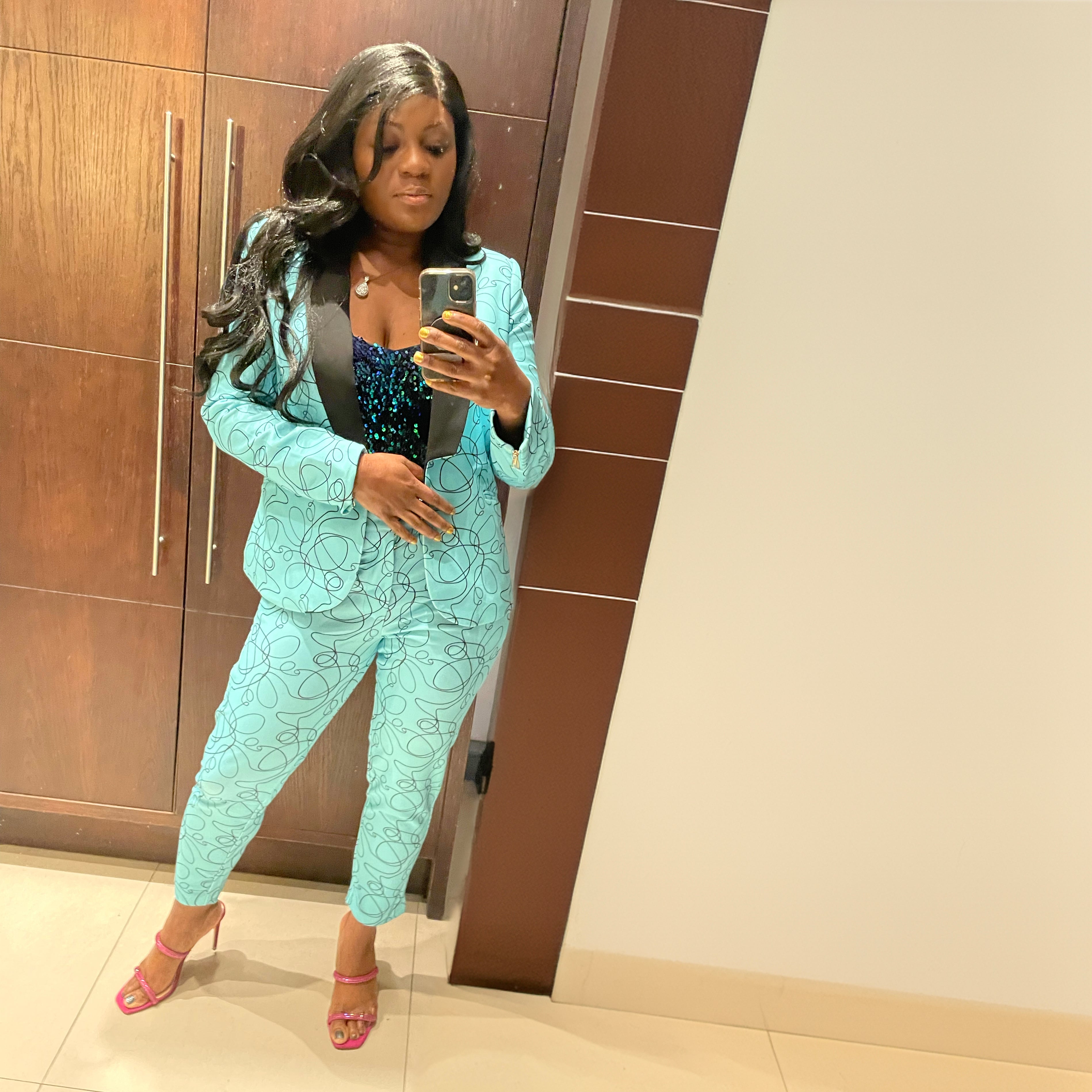 Mint Green women’s suit set — patterned stretch