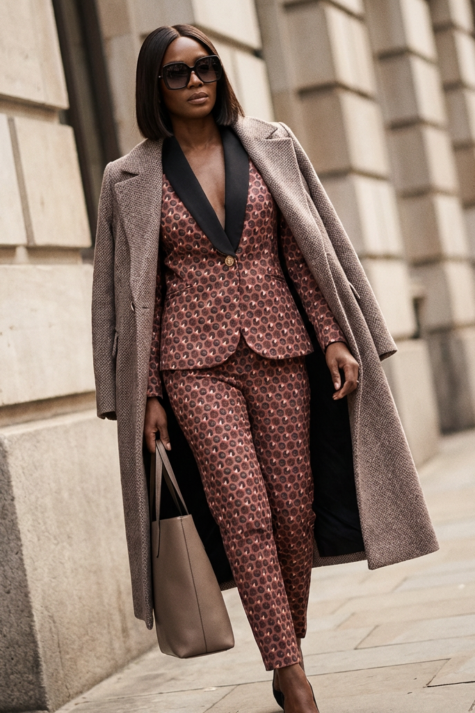 Coral Pink women’s suit set — Rebellious patterned stretch