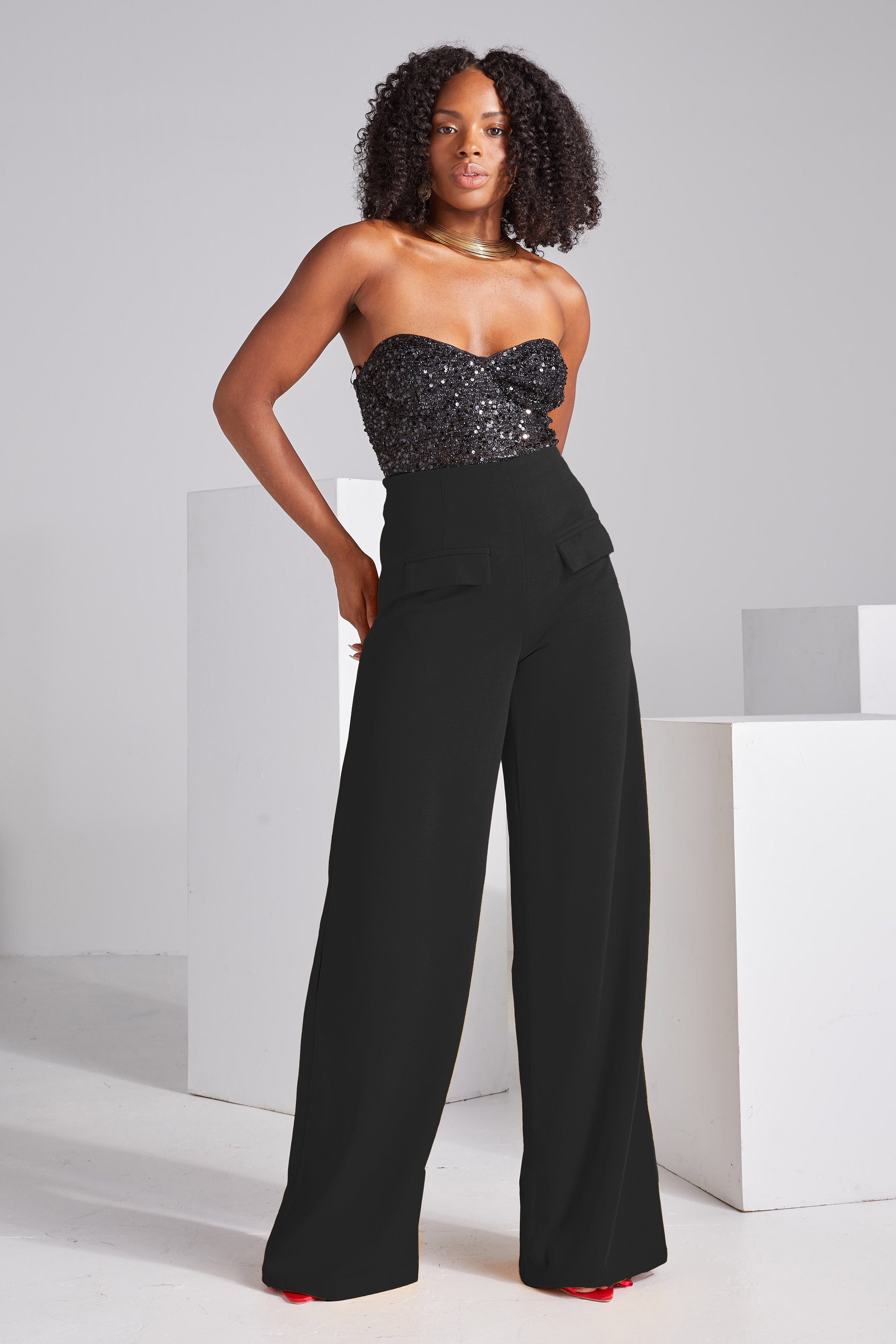 Wide-Leg Stretch Dress Pants — Black