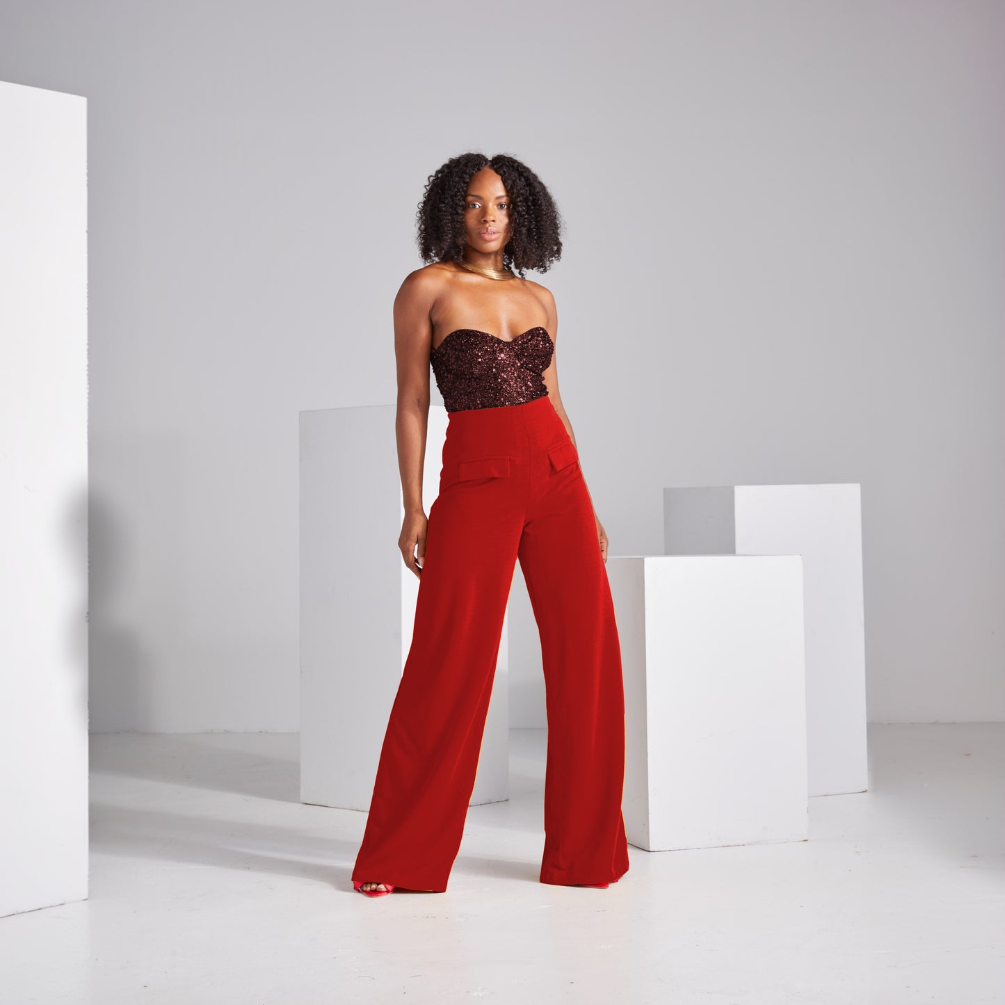 Wide Leg Stretch Pants - Crimson