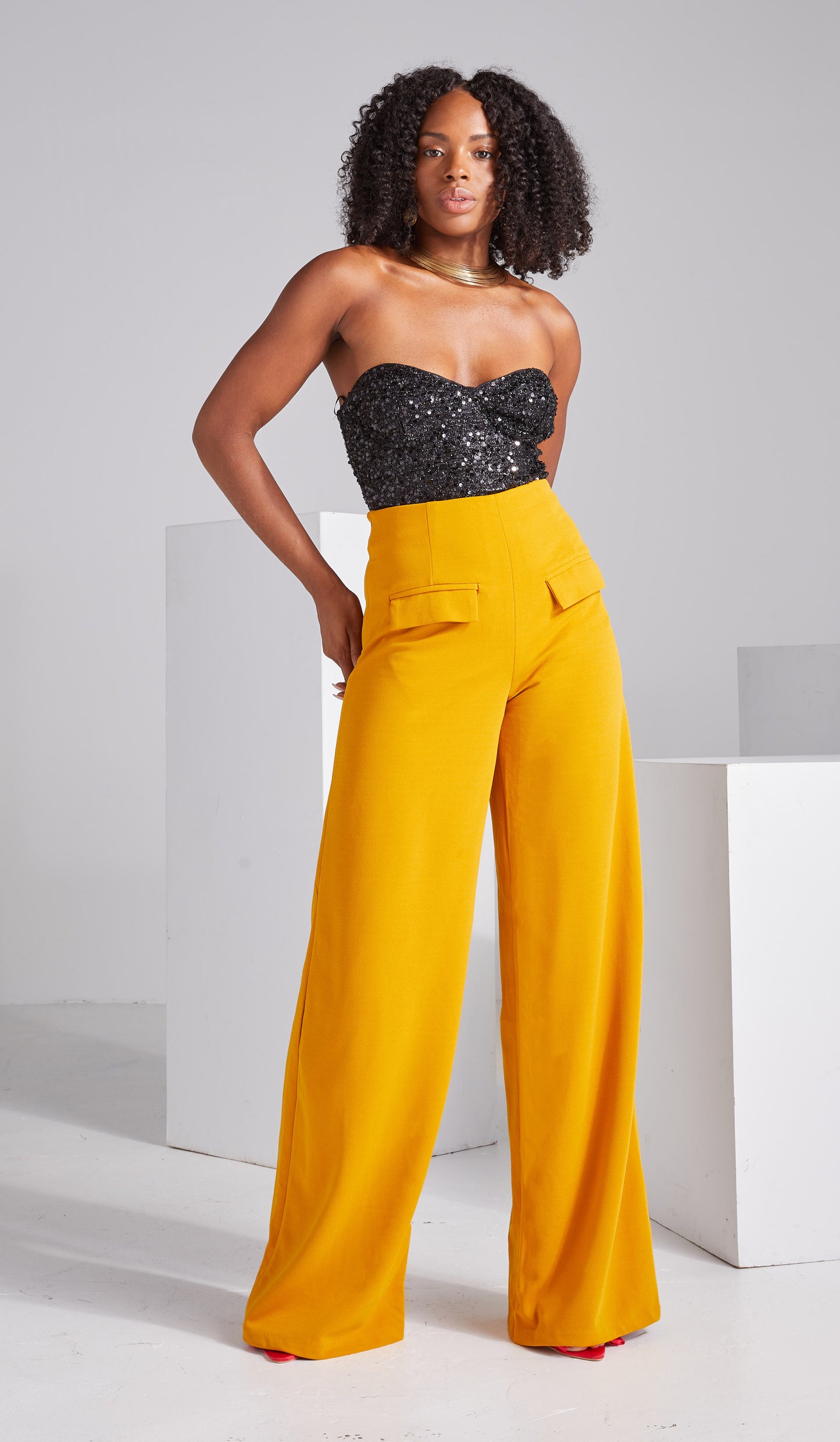 Wide Leg Stretch Pants - Mustard Gold
